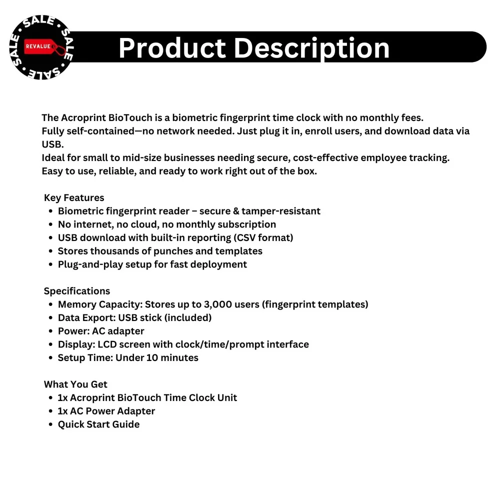 BioTouch Fingerprint Time Clock‎ – Acroprint – No Monthly Fee, USB & Secure Log